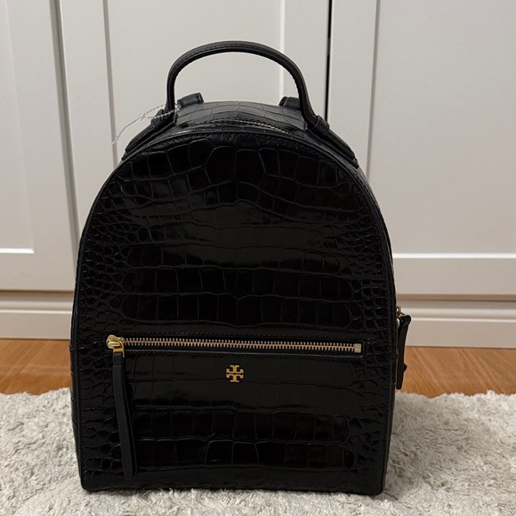 NWOT Tory Burch Black Croc-Embossed Mini Backpack with Gold Details - Picture 1 of 11